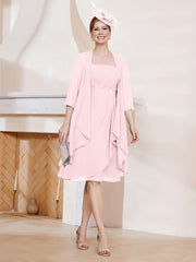 Robe de A-ligne en Mousseline à Encolure Carrée Longueur aux Genoux avec Veste Rose Pâle