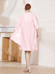 Robe de A-ligne en Mousseline à Encolure Carrée Longueur aux Genoux avec Veste Rose Pâle