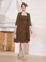 Robe de A-ligne en Mousseline à Encolure Carrée Longueur aux Genoux avec Veste Brun Grande Taille
