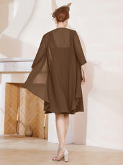 Robe de A-ligne en Mousseline à Encolure Carrée Longueur aux Genoux avec Veste Brun Grande Taille
