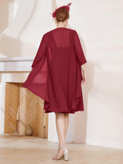Robe de A-ligne en Mousseline à Encolure Carrée Longueur aux Genoux avec Veste Bordeaux Grande Taille