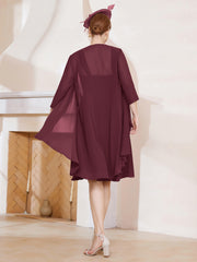 Robe de A-ligne en Mousseline à Encolure Carrée Longueur aux Genoux avec Veste Cabernet