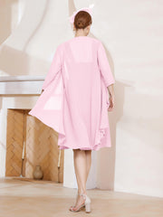 Robe de A-ligne en Mousseline à Encolure Carrée Longueur aux Genoux avec Veste Rose Bonbon Grande Taille