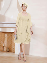 Robe de A-ligne en Mousseline à Encolure Carrée Longueur aux Genoux avec Veste Champagne Grande Taille