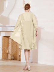 Robe de A-ligne en Mousseline à Encolure Carrée Longueur aux Genoux avec Veste Champagne Grande Taille