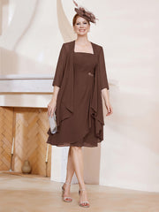 Robe de A-ligne en Mousseline à Encolure Carrée Longueur aux Genoux avec Veste Chocolat