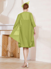 Robe de A-ligne en Mousseline à Encolure Carrée Longueur aux Genoux avec Veste Trèfle