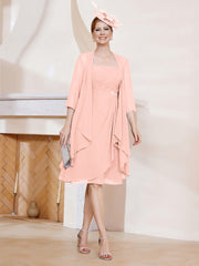 Robe de A-ligne en Mousseline à Encolure Carrée Longueur aux Genoux avec Veste Corail
