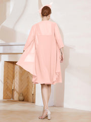 Robe de A-ligne en Mousseline à Encolure Carrée Longueur aux Genoux avec Veste Corail Grande Taille