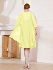 Robe de A-ligne en Mousseline à Encolure Carrée Longueur aux Genoux avec Veste Jonquille Grande Taille