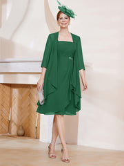 Robe de A-ligne en Mousseline à Encolure Carrée Longueur aux Genoux avec Veste Vert Foncé
