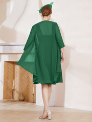 Robe de A-ligne en Mousseline à Encolure Carrée Longueur aux Genoux avec Veste Vert Foncé Grande Taille