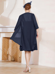 Robe de A-ligne en Mousseline à Encolure Carrée Longueur aux Genoux avec Veste Bleu Marine