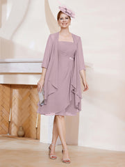 Robe de A-ligne en Mousseline à Encolure Carrée Longueur aux Genoux avec Veste Dusk Grande Taille
