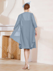 Robe de A-ligne en Mousseline à Encolure Carrée Longueur aux Genoux avec Veste Bleu Poudré Grande Taille