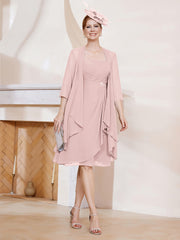 Robe de A-ligne en Mousseline à Encolure Carrée Longueur aux Genoux avec Veste Rose Poudré