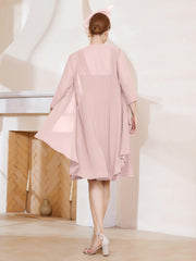 Robe de A-ligne en Mousseline à Encolure Carrée Longueur aux Genoux avec Veste Rose Poudré Grande Taille