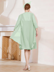 Robe de A-ligne en Mousseline à Encolure Carrée Longueur aux Genoux avec Veste Sauge Poudrée Grande Taille