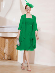 Robe de A-ligne en Mousseline à Encolure Carrée Longueur aux Genoux avec Veste Emeraude Grande Taille