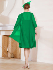 Robe de A-ligne en Mousseline à Encolure Carrée Longueur aux Genoux avec Veste Emeraude Grande Taille