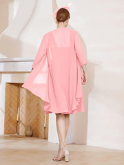 Robe de A-ligne en Mousseline à Encolure Carrée Longueur aux Genoux avec Veste Flamant