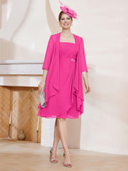 Robe de A-ligne en Mousseline à Encolure Carrée Longueur aux Genoux avec Veste Fuchsia Grande Taille