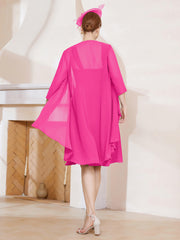 Robe de A-ligne en Mousseline à Encolure Carrée Longueur aux Genoux avec Veste Fuchsia