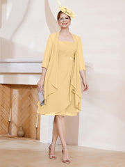 Robe de A-ligne en Mousseline à Encolure Carrée Longueur aux Genoux avec Veste Or