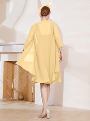 Robe de A-ligne en Mousseline à Encolure Carrée Longueur aux Genoux avec Veste Or Grande Taille