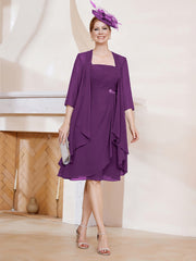 Robe de A-ligne en Mousseline à Encolure Carrée Longueur aux Genoux avec Veste Raisin