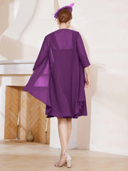Robe de A-ligne en Mousseline à Encolure Carrée Longueur aux Genoux avec Veste Raisin Grande Taille