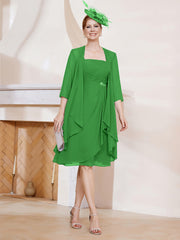 Robe de A-ligne en Mousseline à Encolure Carrée Longueur aux Genoux avec Veste Vert Grande Taille