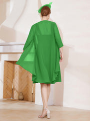 Robe de A-ligne en Mousseline à Encolure Carrée Longueur aux Genoux avec Veste Vert
