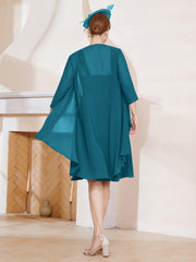 Robe de A-ligne en Mousseline à Encolure Carrée Longueur aux Genoux avec Veste Bleu Encre