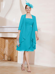 Robe de A-ligne en Mousseline à Encolure Carrée Longueur aux Genoux avec Veste Jade Grande Taille