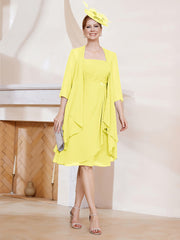 Robe de A-ligne en Mousseline à Encolure Carrée Longueur aux Genoux avec Veste Citron