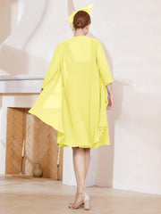 Robe de A-ligne en Mousseline à Encolure Carrée Longueur aux Genoux avec Veste Citron