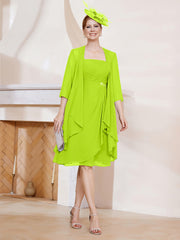 Robe de A-ligne en Mousseline à Encolure Carrée Longueur aux Genoux avec Veste Vert Citron Grande Taille