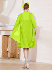 Robe de A-ligne en Mousseline à Encolure Carrée Longueur aux Genoux avec Veste Vert Citron