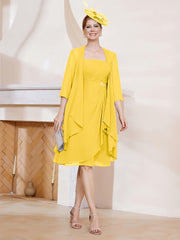 Robe de A-ligne en Mousseline à Encolure Carrée Longueur aux Genoux avec Veste Souci Grande Taille