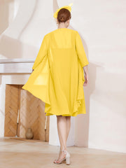 Robe de A-ligne en Mousseline à Encolure Carrée Longueur aux Genoux avec Veste Souci Grande Taille