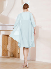 Robe de A-ligne en Mousseline à Encolure Carrée Longueur aux Genoux avec Veste Brume Grande Taille