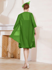 Robe de A-ligne en Mousseline à Encolure Carrée Longueur aux Genoux avec Veste Mousse Grande Taille