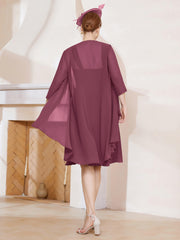 Robe de A-ligne en Mousseline à Encolure Carrée Longueur aux Genoux avec Veste Mûre