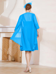Robe de A-ligne en Mousseline à Encolure Carrée Longueur aux Genoux avec Veste Bleu Océan