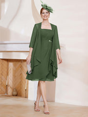Robe de A-ligne en Mousseline à Encolure Carrée Longueur aux Genoux avec Veste Olive Verte Grande Taille