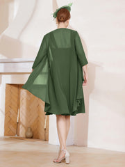 Robe de A-ligne en Mousseline à Encolure Carrée Longueur aux Genoux avec Veste Olive Verte