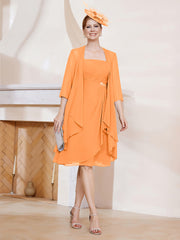 Robe de A-ligne en Mousseline à Encolure Carrée Longueur aux Genoux avec Veste Orange Grande Taille