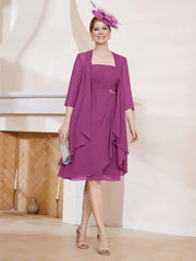 Robe de A-ligne en Mousseline à Encolure Carrée Longueur aux Genoux avec Veste Orchidee
