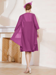 Robe de A-ligne en Mousseline à Encolure Carrée Longueur aux Genoux avec Veste Orchidee Grande Taille